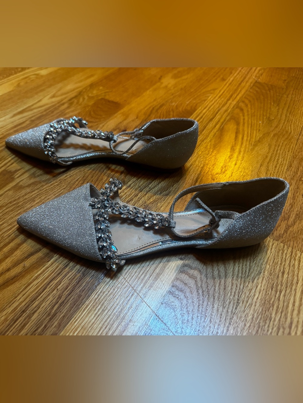 Badgley Mischka Silver Glitter Pointed D'Orsay Flats with Crystal Straps.